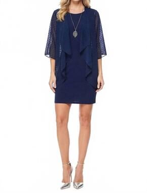 NEW SANDRA DARREN three-quarter sleeve attached jacket dress in navy